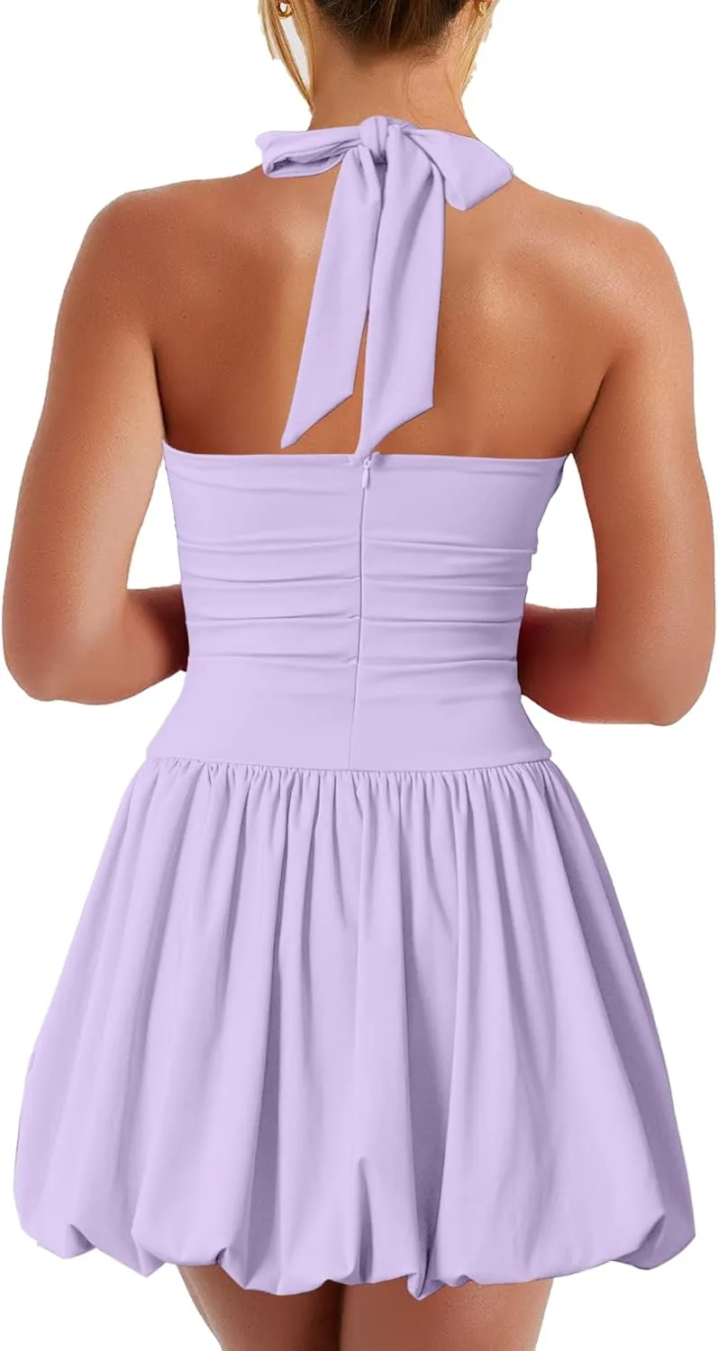 Kaximil Women's Sexy Halter Corset Mini Dress Bubble Ruched Waist Club Party Dresses with Built-in Shorts