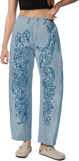 Kedera Embroidered Jeans for Women 2025 Baggy Boyfriend Jeans Barrel Leg Horseshoe Jeans Women Vintage Mid Rise Jeans