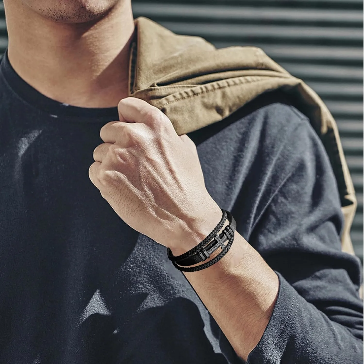 Leather Cross Bracelet for Men Religious Christian Cuff Bracelets for Confirmation Baptism Christmas