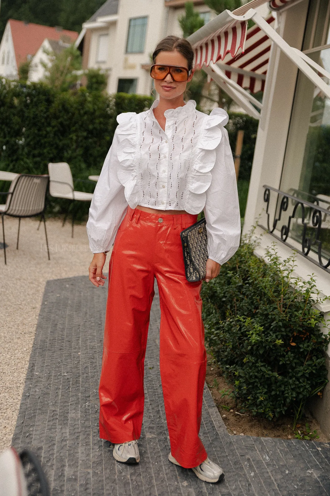 Leather pants with jeans look cherry tomato