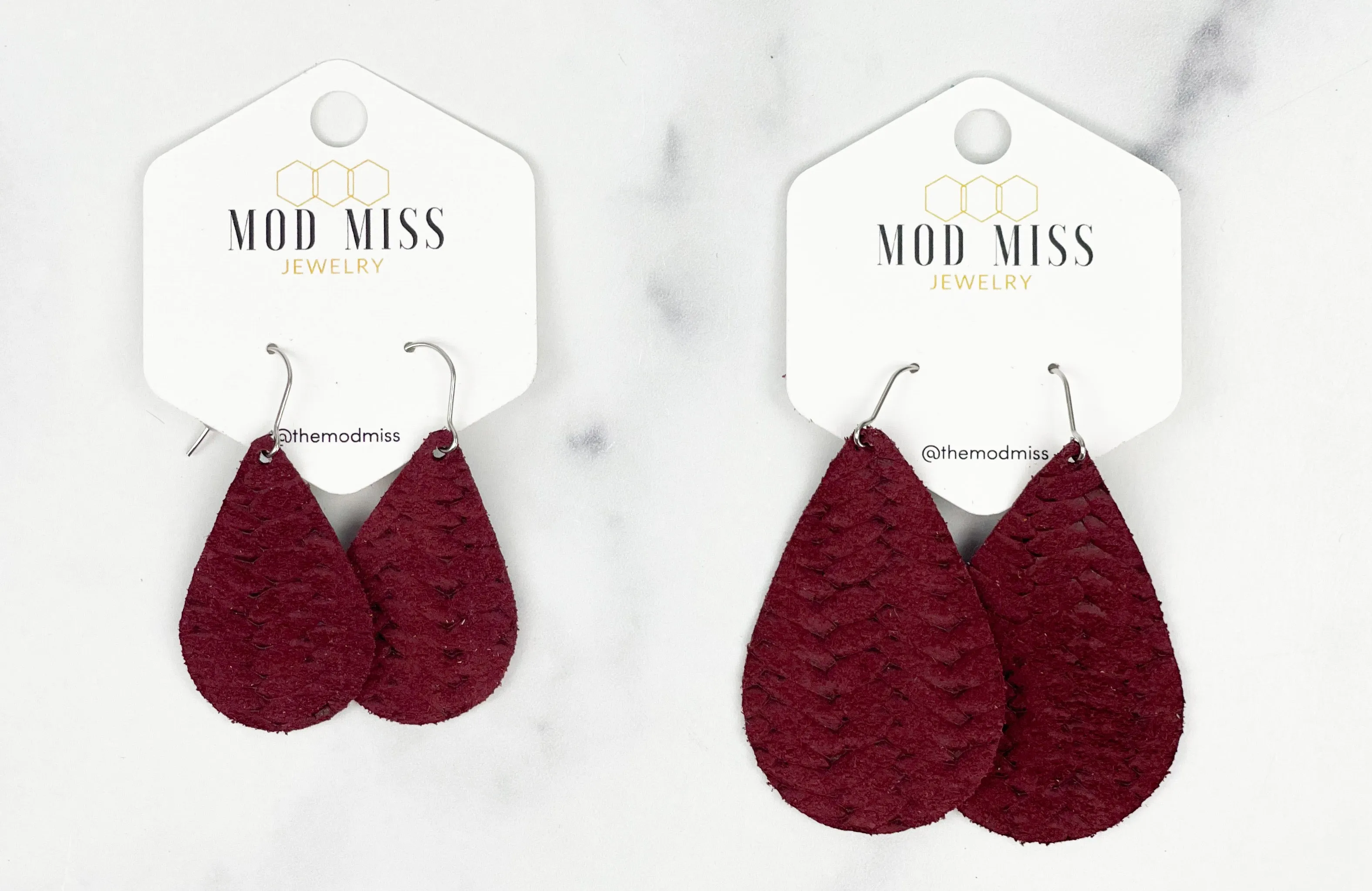 Leather Teardrop Earring "Weaved Maroon"