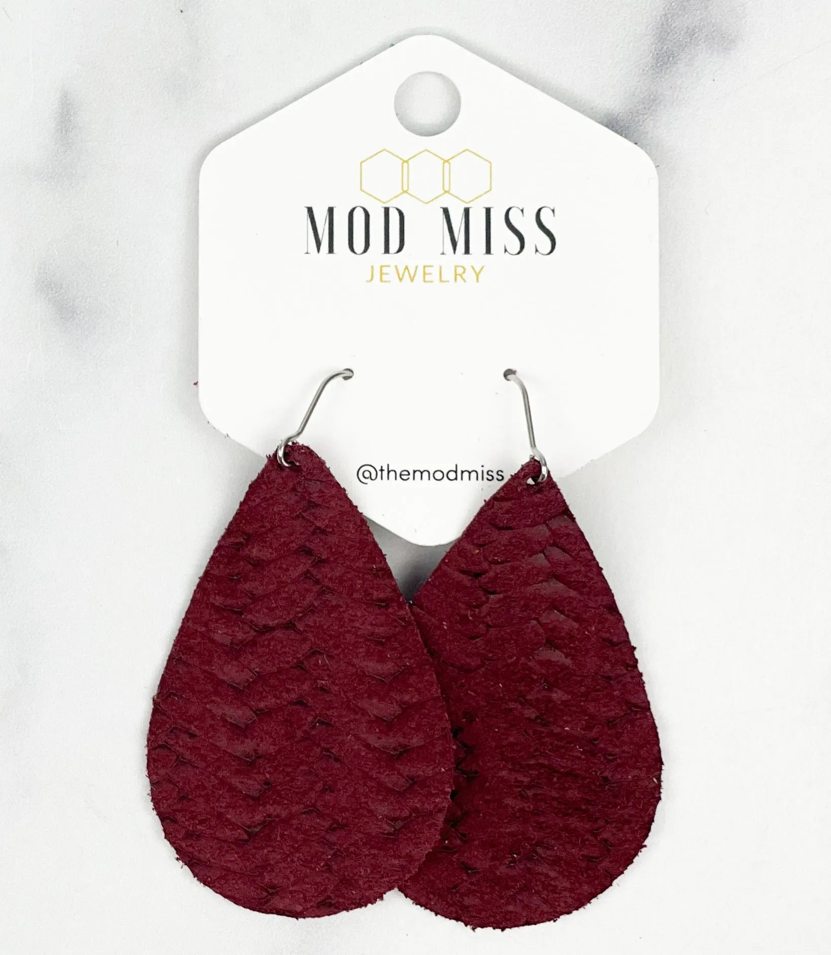 Leather Teardrop Earring "Weaved Maroon"
