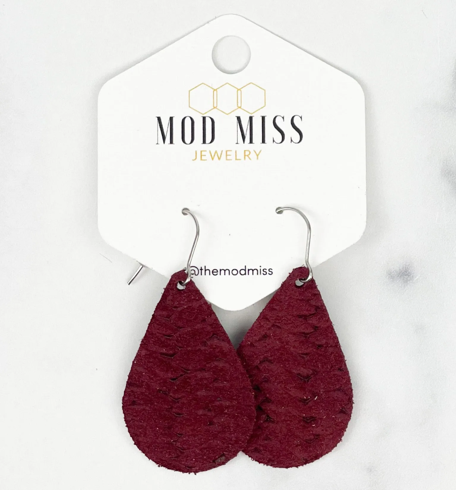 Leather Teardrop Earring "Weaved Maroon"