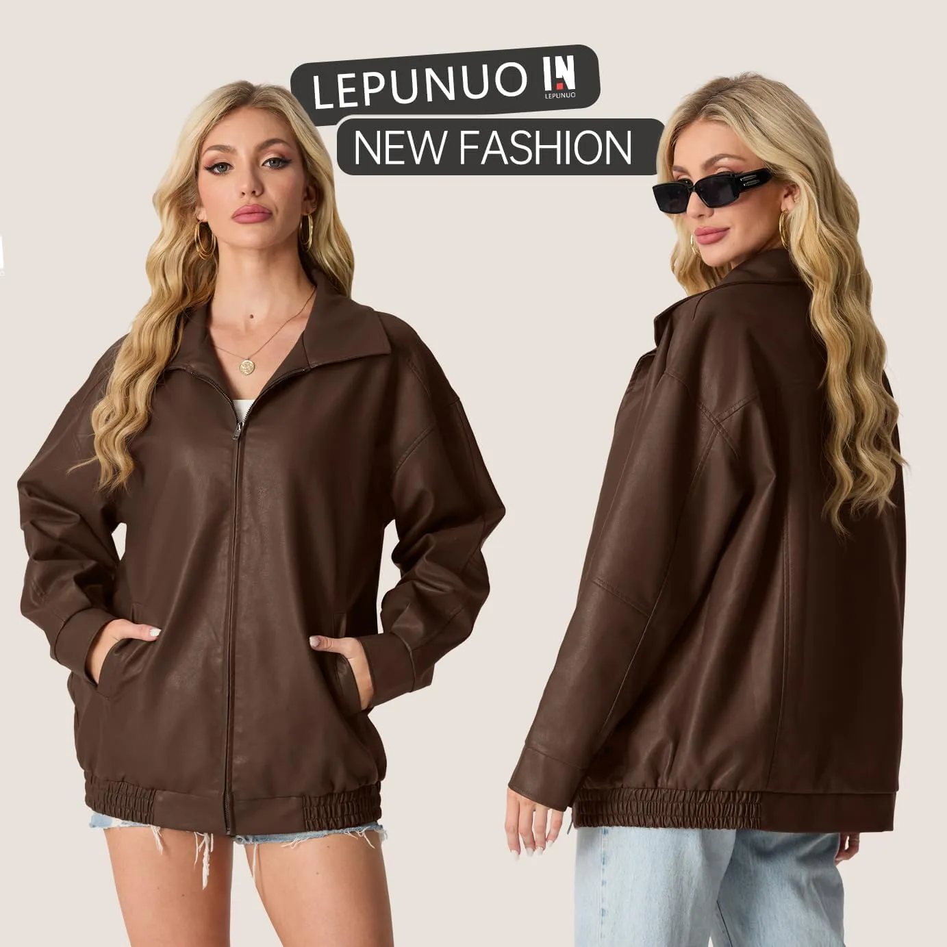 Lepunuo Leather Jacket for Women Oversized Faux Leather Moto Biker Coat Fall Fashion Winter Outfits Y2K Streetwear