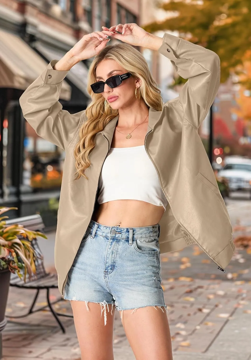 Lepunuo Leather Jacket for Women Oversized Faux Leather Moto Biker Coat Fall Fashion Winter Outfits Y2K Streetwear