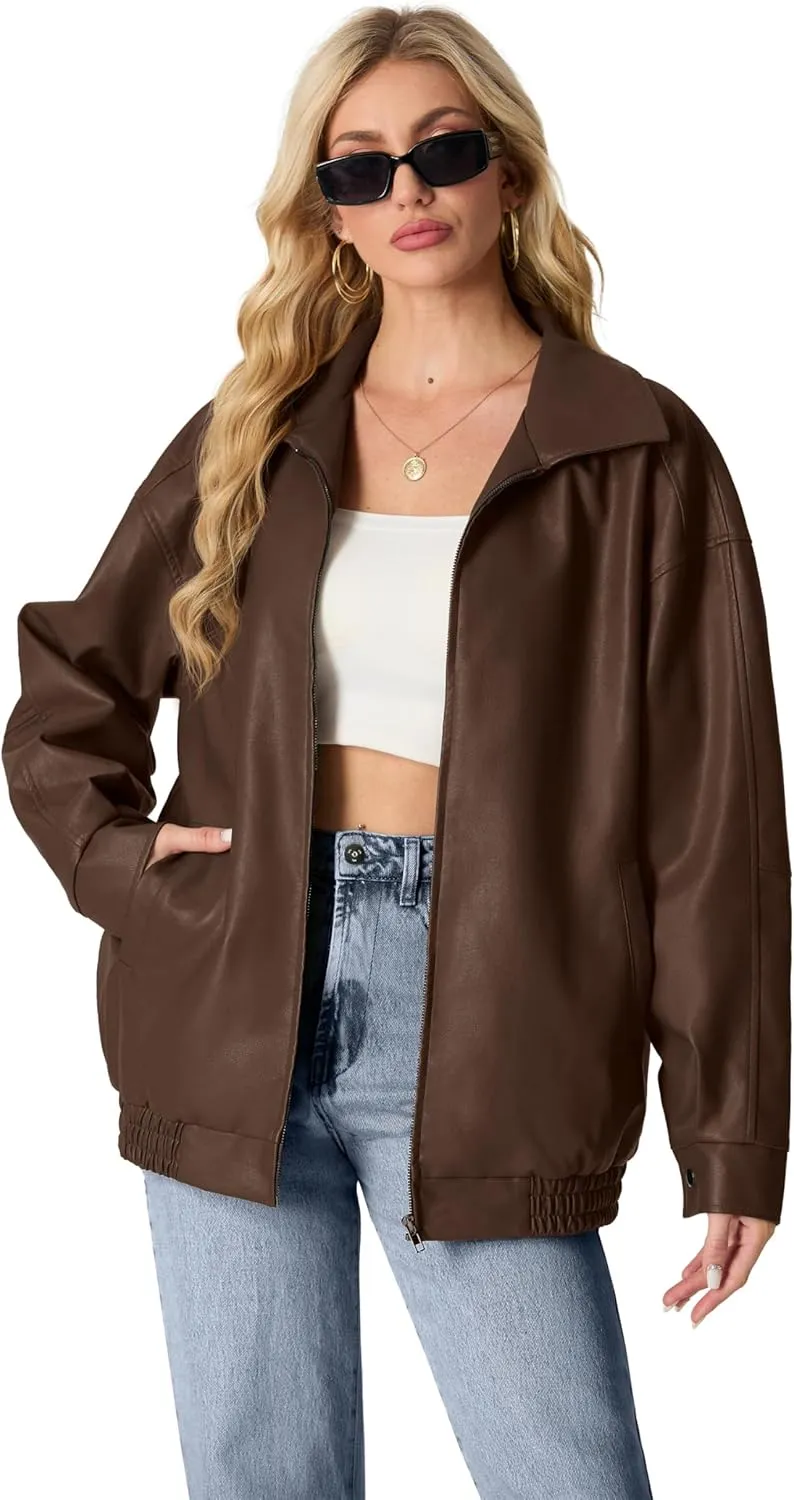 Lepunuo Leather Jacket for Women Oversized Faux Leather Moto Biker Coat Fall Fashion Winter Outfits Y2K Streetwear