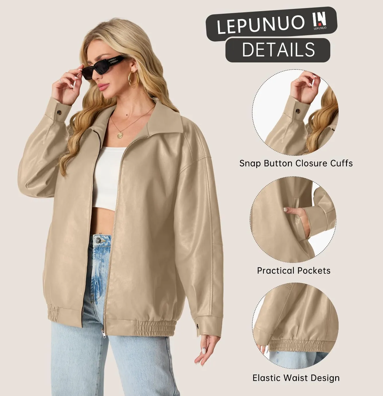 Lepunuo Leather Jacket for Women Oversized Faux Leather Moto Biker Coat Fall Fashion Winter Outfits Y2K Streetwear