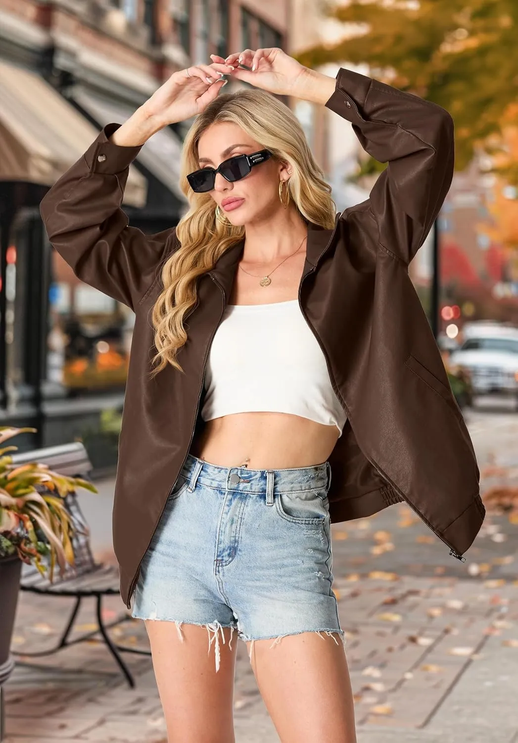 Lepunuo Leather Jacket for Women Oversized Faux Leather Moto Biker Coat Fall Fashion Winter Outfits Y2K Streetwear