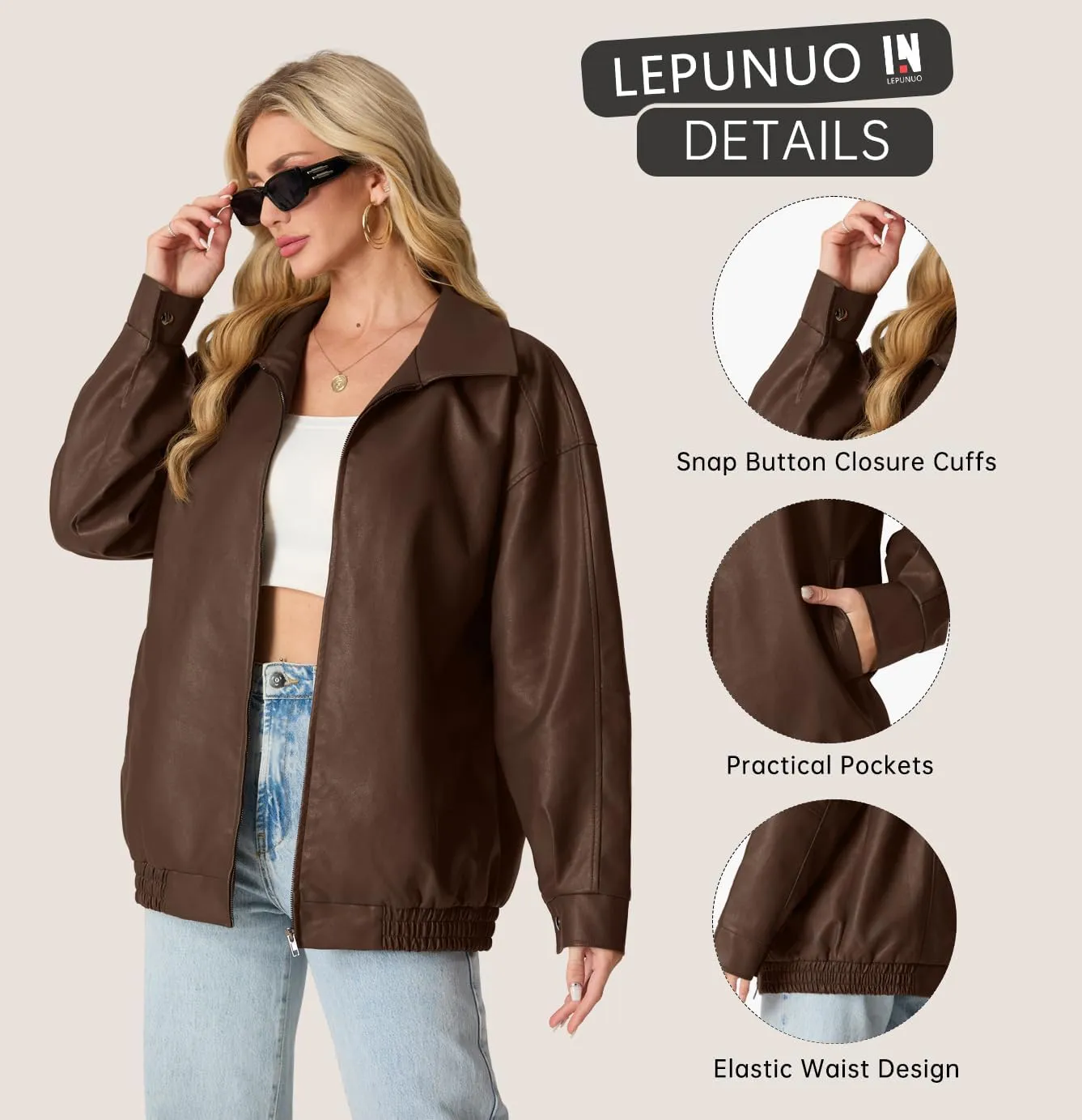 Lepunuo Leather Jacket for Women Oversized Faux Leather Moto Biker Coat Fall Fashion Winter Outfits Y2K Streetwear