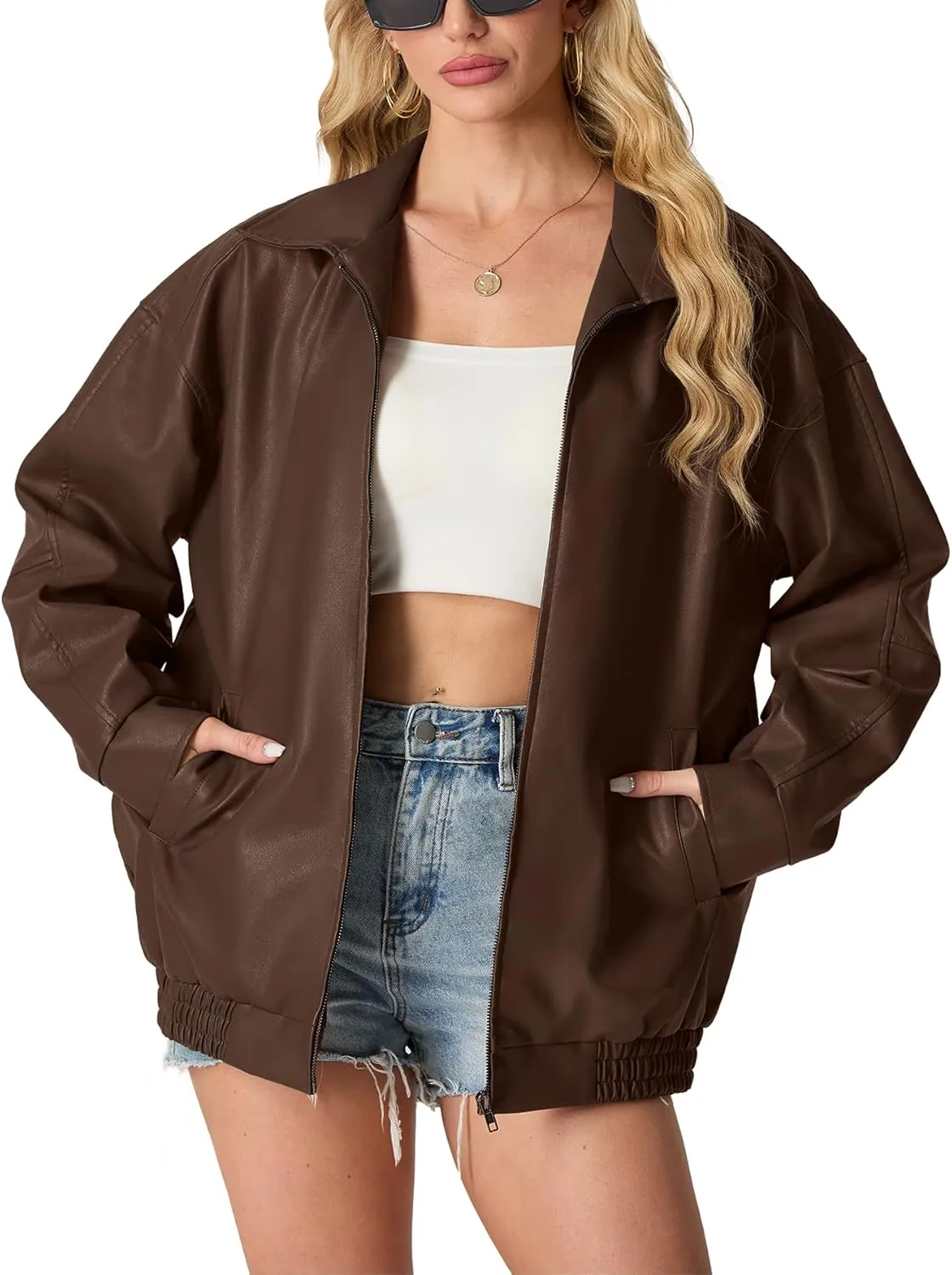 Lepunuo Leather Jacket for Women Oversized Faux Leather Moto Biker Coat Fall Fashion Winter Outfits Y2K Streetwear