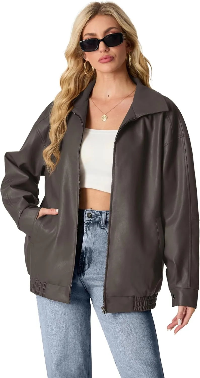 Lepunuo Leather Jacket for Women Oversized Faux Leather Moto Biker Coat Fall Fashion Winter Outfits Y2K Streetwear
