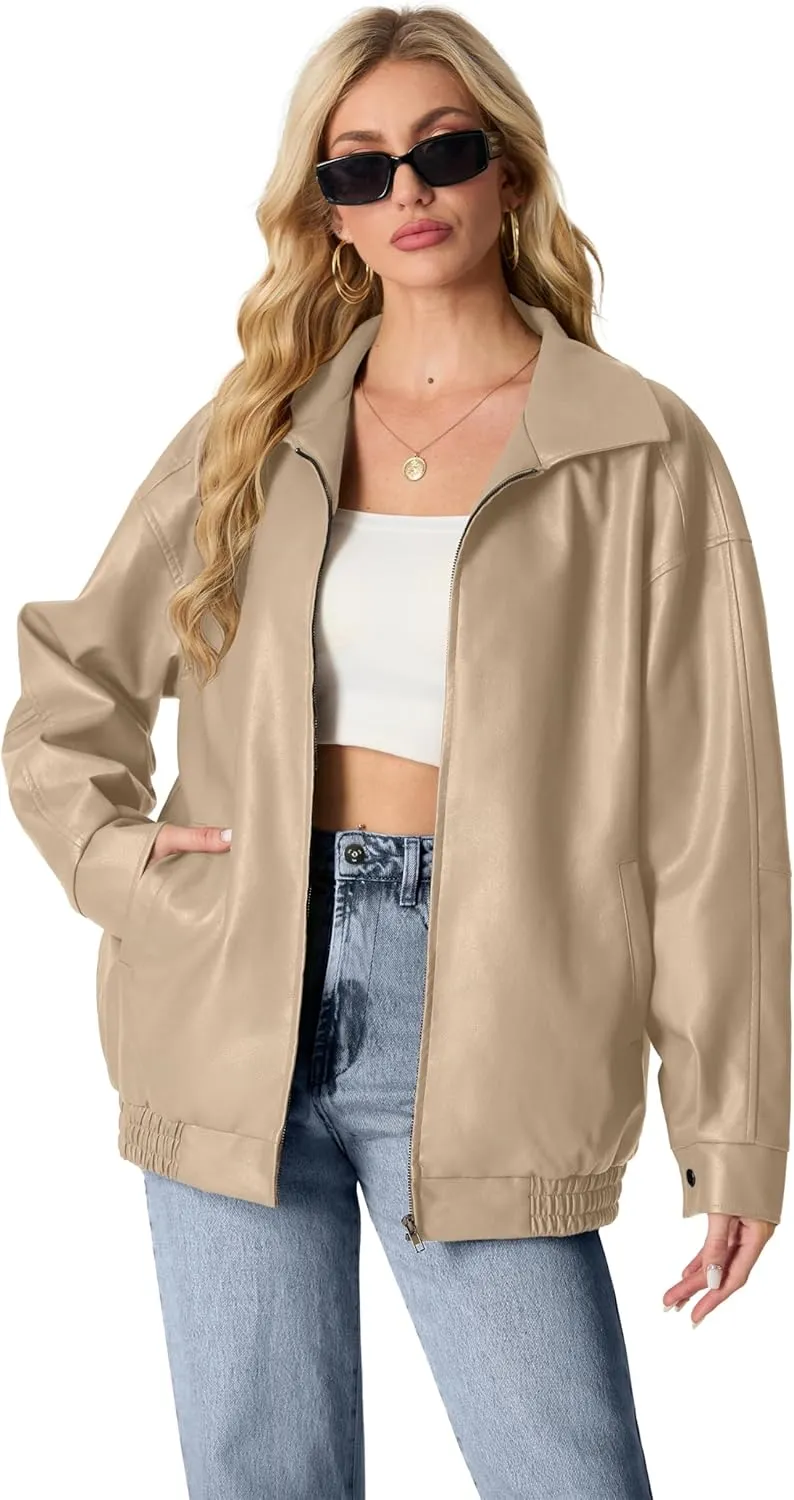 Lepunuo Leather Jacket for Women Oversized Faux Leather Moto Biker Coat Fall Fashion Winter Outfits Y2K Streetwear