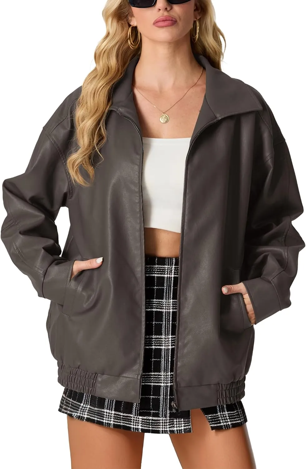 Lepunuo Leather Jacket for Women Oversized Faux Leather Moto Biker Coat Fall Fashion Winter Outfits Y2K Streetwear