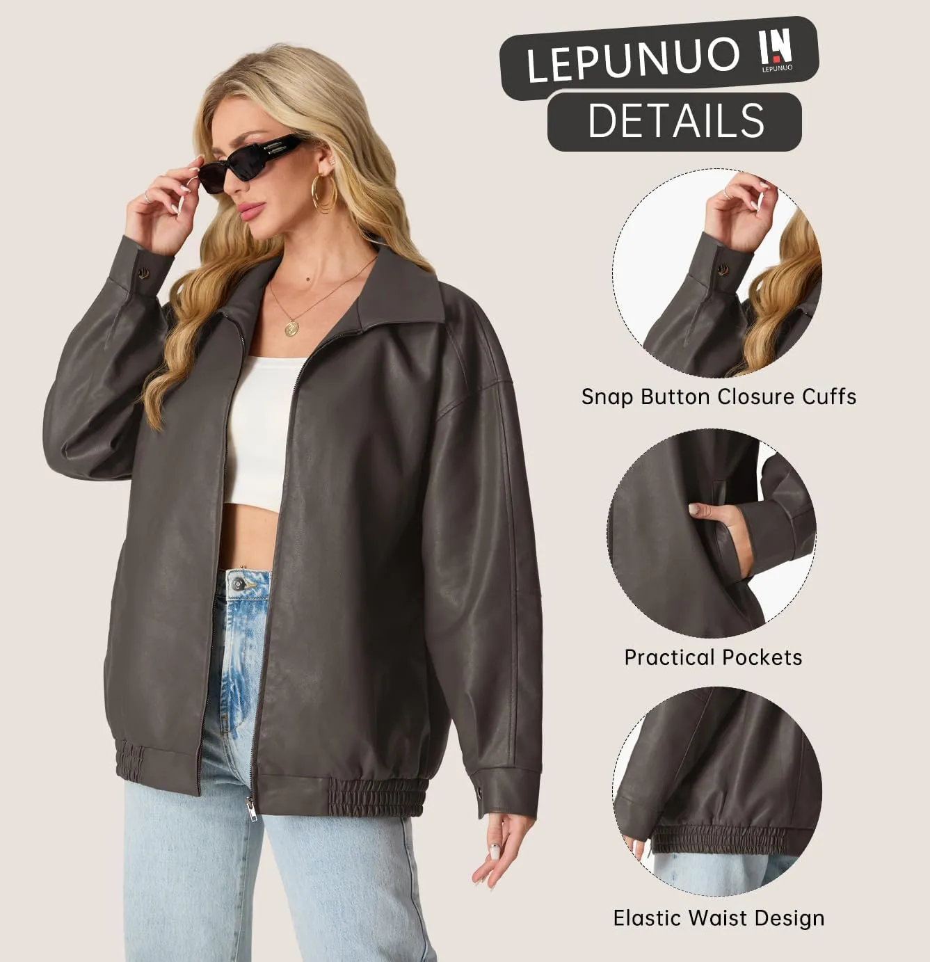 Lepunuo Leather Jacket for Women Oversized Faux Leather Moto Biker Coat Fall Fashion Winter Outfits Y2K Streetwear