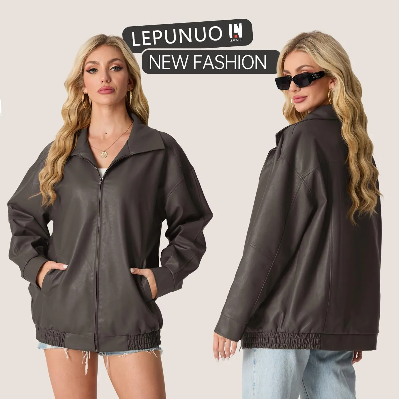 Lepunuo Leather Jacket for Women Oversized Faux Leather Moto Biker Coat Fall Fashion Winter Outfits Y2K Streetwear