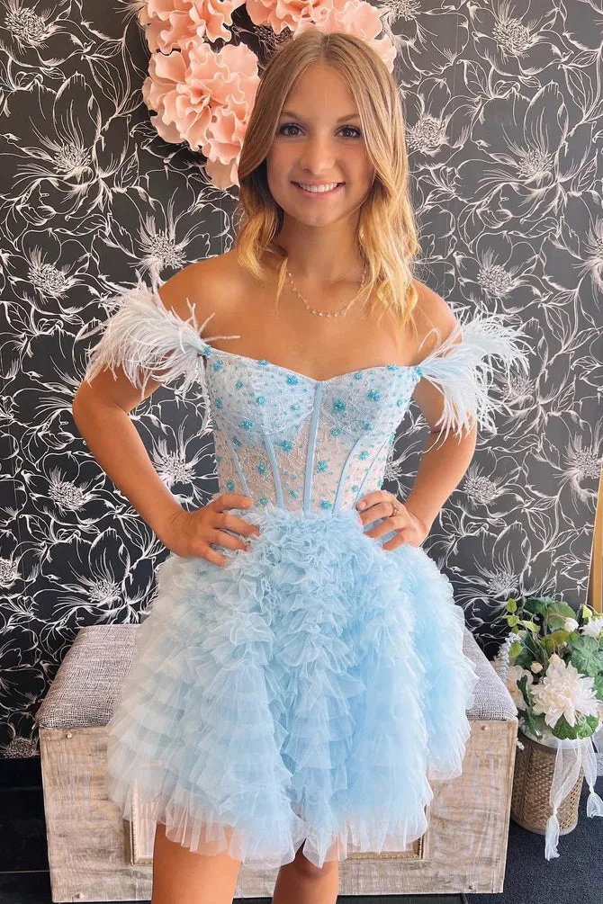 Light Blue Off the Shoulder Tulle Tiered Short Homecoming Gown with Beading UQH0209