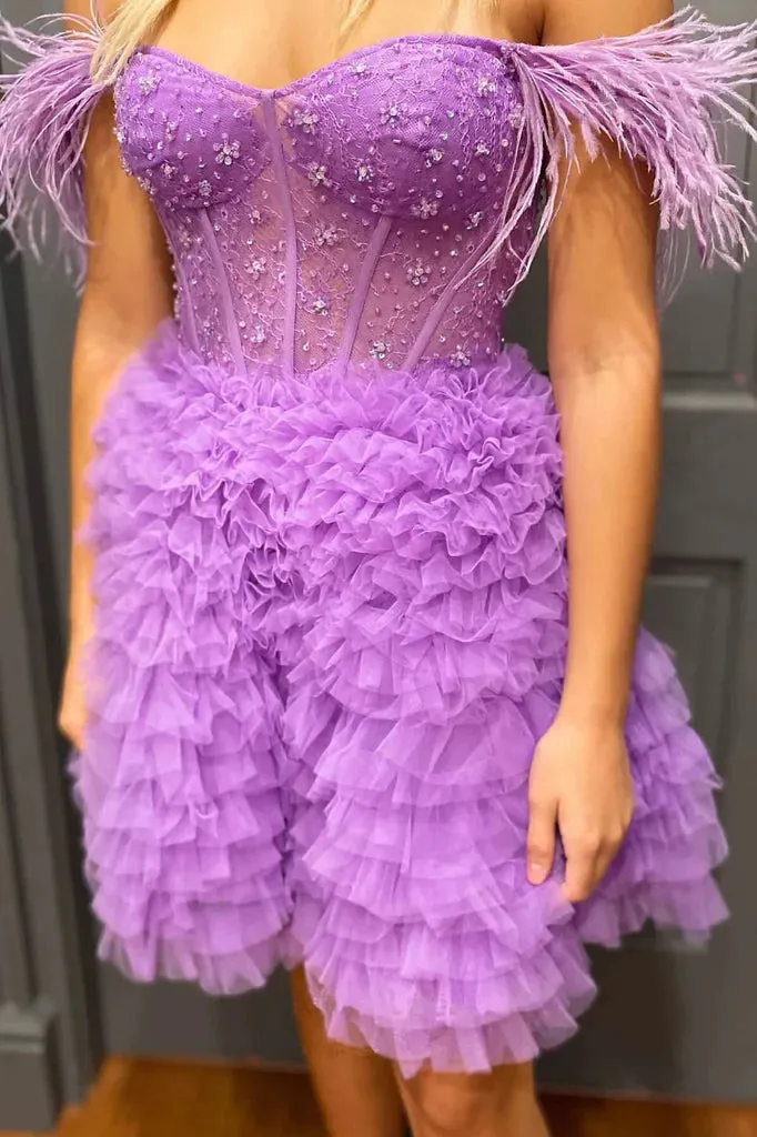 Light Blue Off the Shoulder Tulle Tiered Short Homecoming Gown with Beading UQH0209