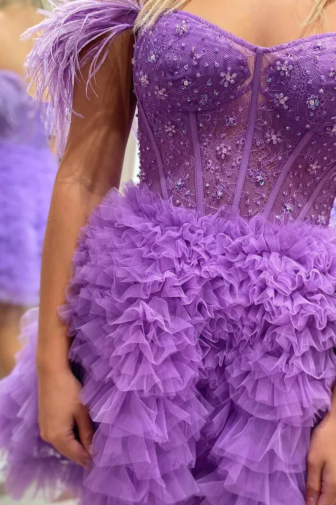 Light Blue Off the Shoulder Tulle Tiered Short Homecoming Gown with Beading UQH0209