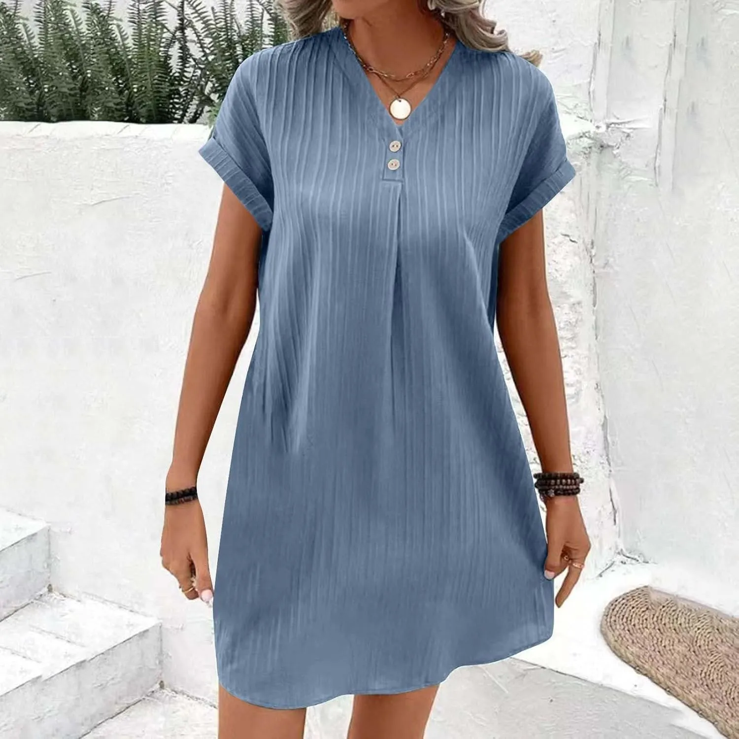 Linen Cotton Dress for Women Button V Neck Midi Dress Short Sleeve Dressy Casual Loose Fit Work T Shirt Dresses