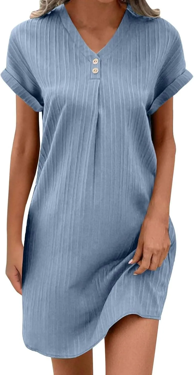 Linen Cotton Dress for Women Button V Neck Midi Dress Short Sleeve Dressy Casual Loose Fit Work T Shirt Dresses