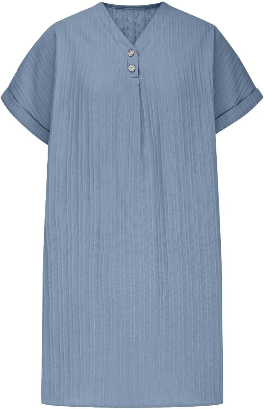 Linen Cotton Dress for Women Button V Neck Midi Dress Short Sleeve Dressy Casual Loose Fit Work T Shirt Dresses