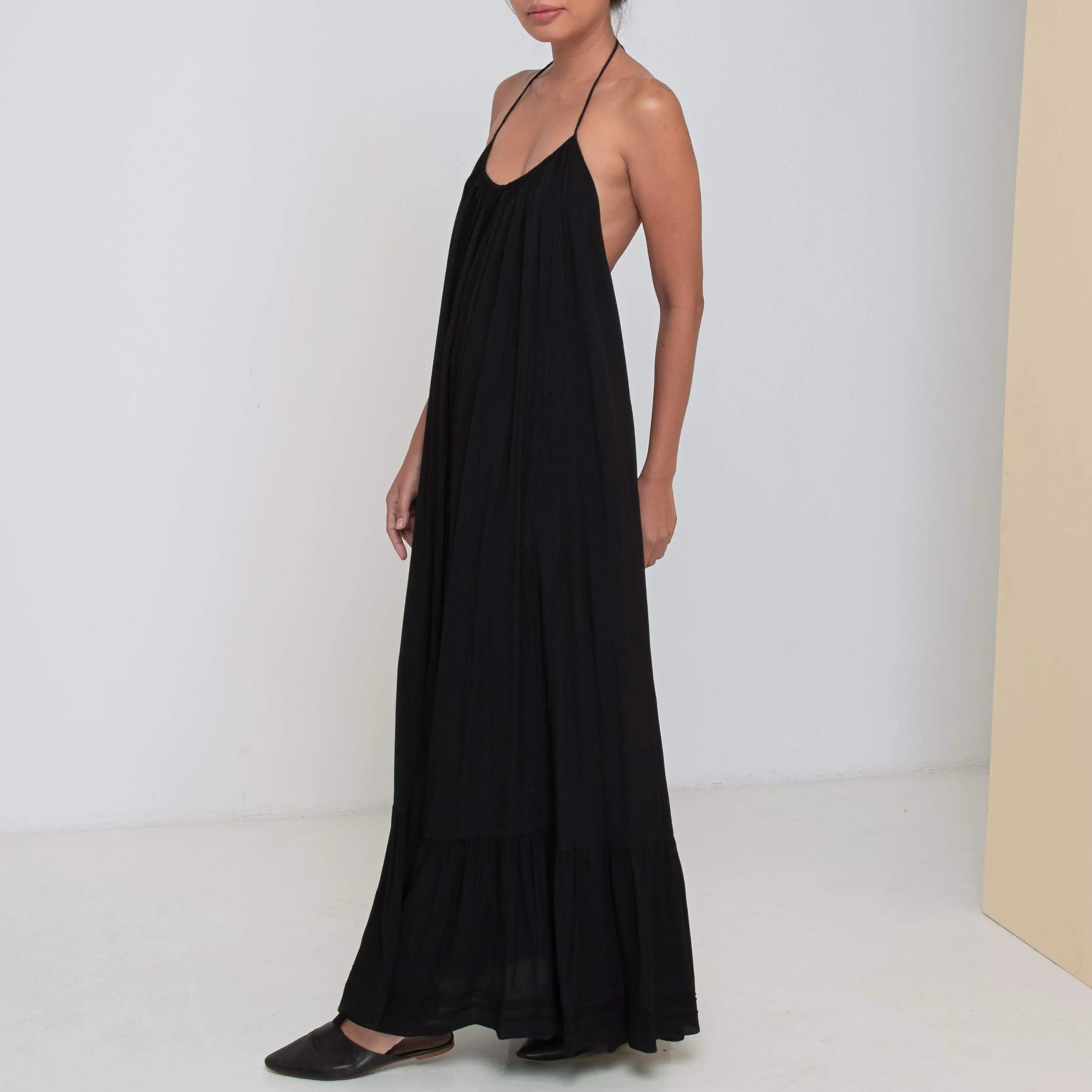 LONG BACKLESS RUFFLED DRESS - Rayon Fujette Crepe | Black