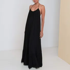 LONG BACKLESS RUFFLED DRESS - Rayon Fujette Crepe | Black