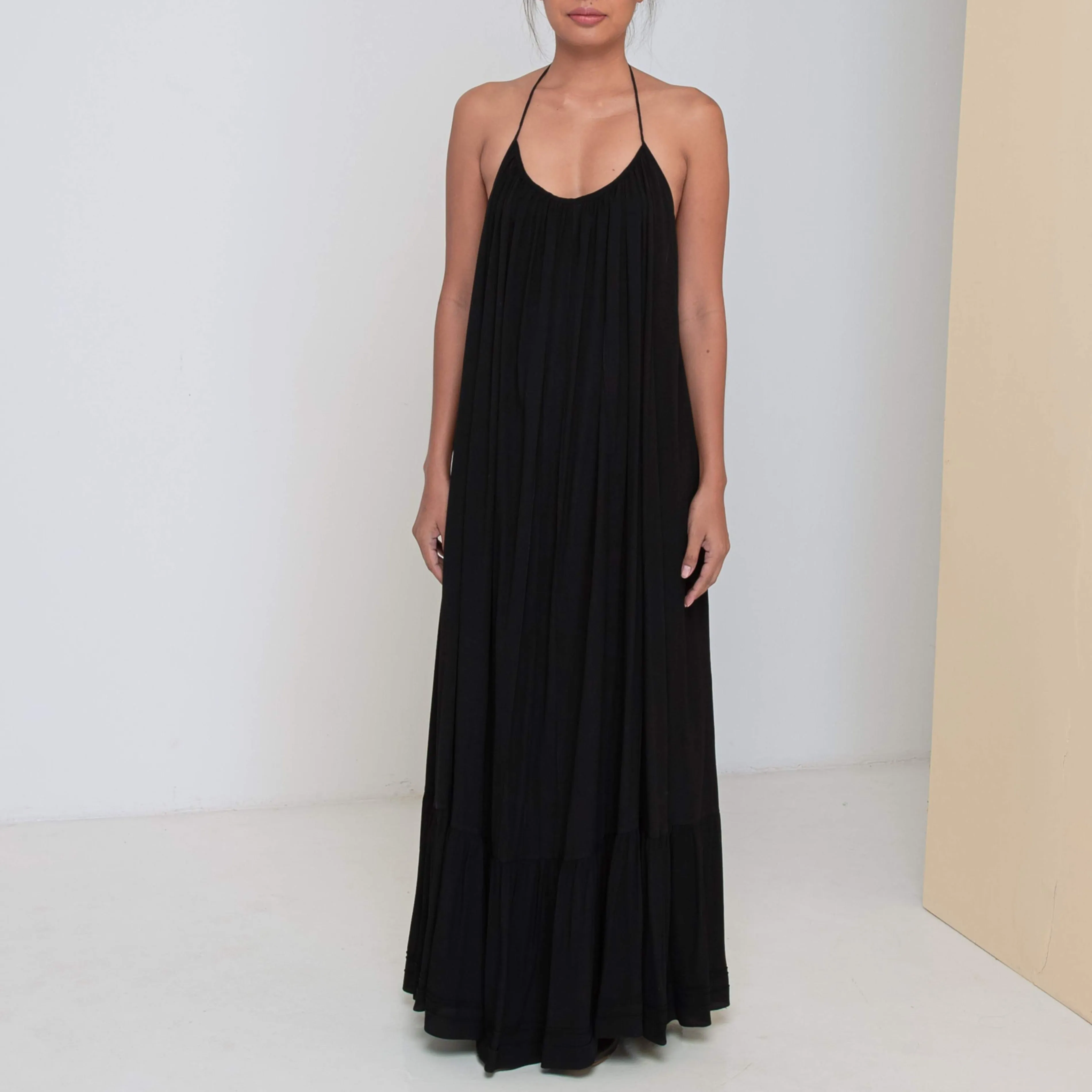 LONG BACKLESS RUFFLED DRESS - Rayon Fujette Crepe | Black