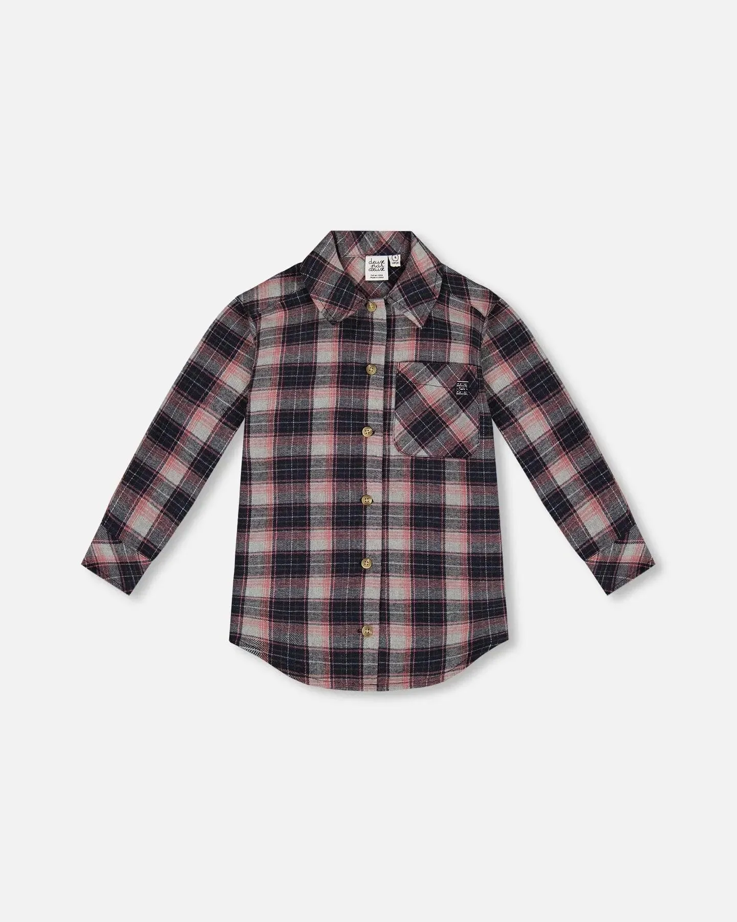 Long Sleeve Button Front Tunic Flannel Shirt Plaid Navy And Pink