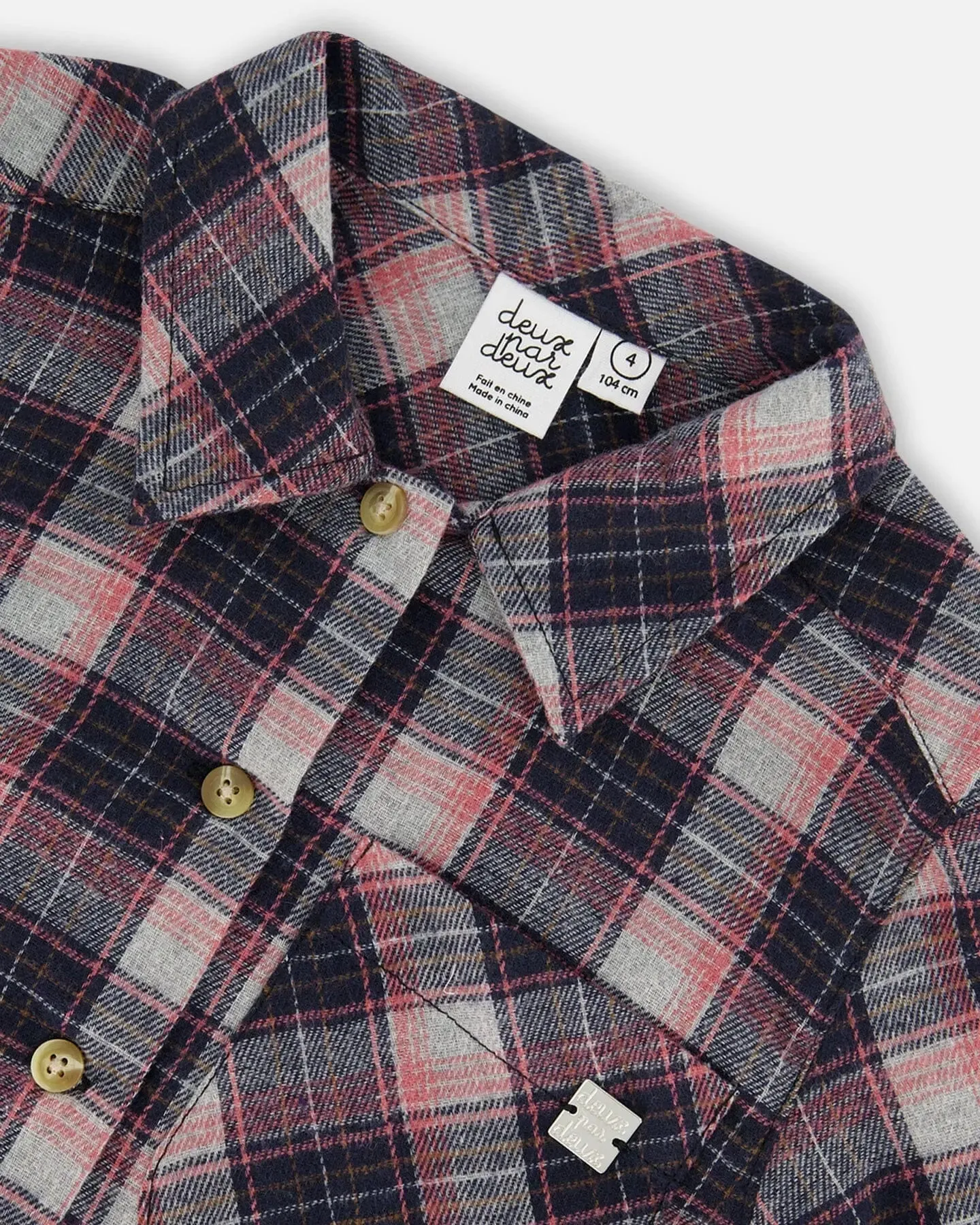 Long Sleeve Button Front Tunic Flannel Shirt Plaid Navy And Pink