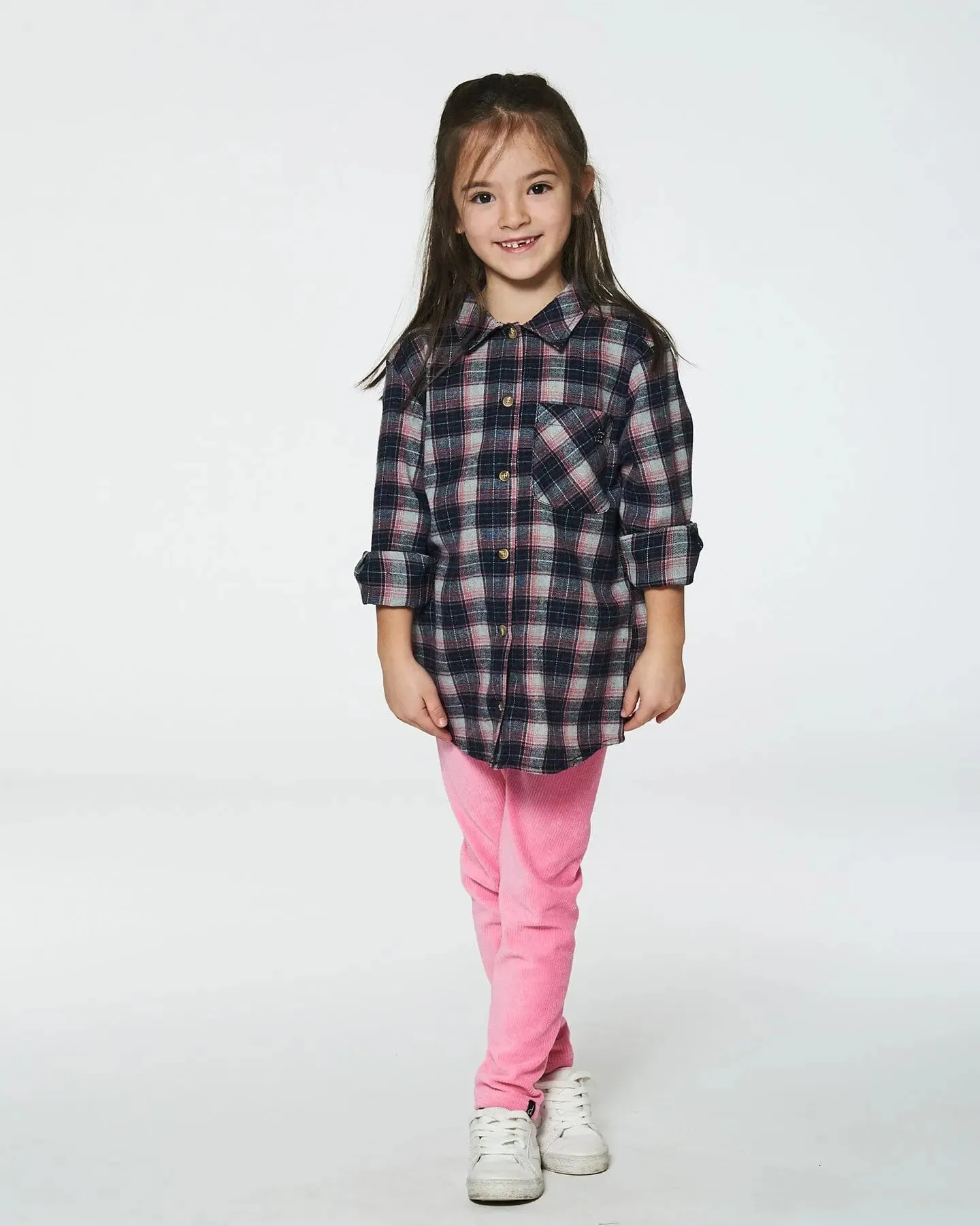 Long Sleeve Button Front Tunic Flannel Shirt Plaid Navy And Pink