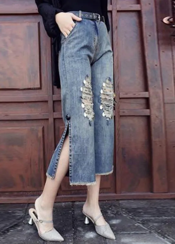 Loose Blue High Waist Sequins Patchwork Crop Ripped Jeans TY1043