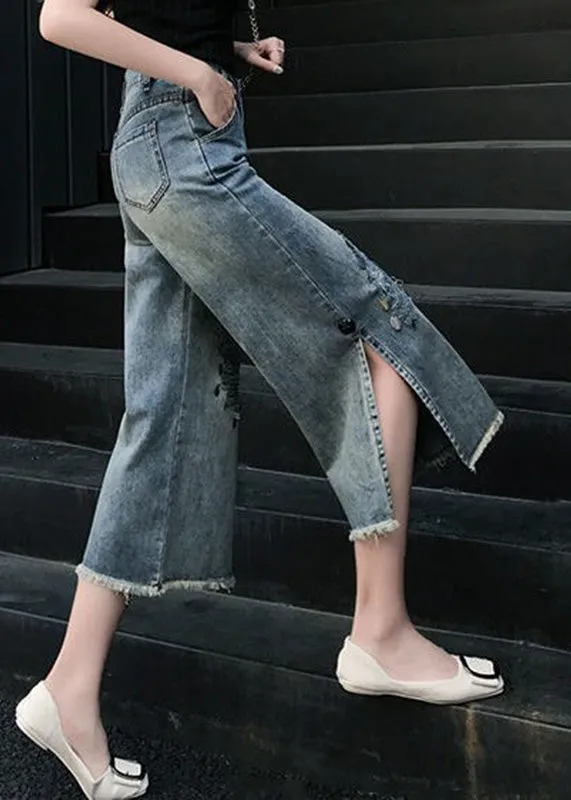 Loose Blue High Waist Sequins Patchwork Crop Ripped Jeans TY1043