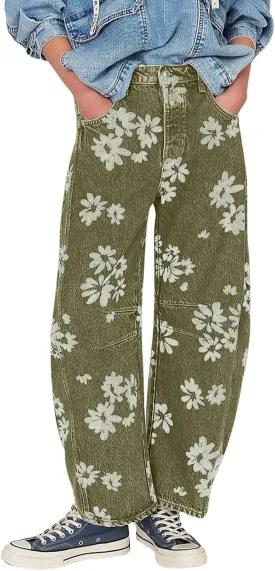 loveimgs Women Y2k Distressed Barrel Jeans Baggy Wide Leg Jeans Floral Printed Boyfriend Patchwork Denim Pants