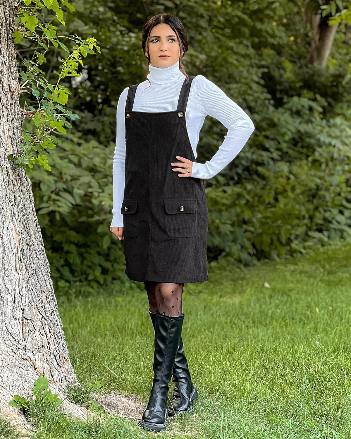 luvamia Corduroy Overall Dress for Women Adjustable Straps Casual Fashion Overalls Pinafore Short Dresses with Pockets