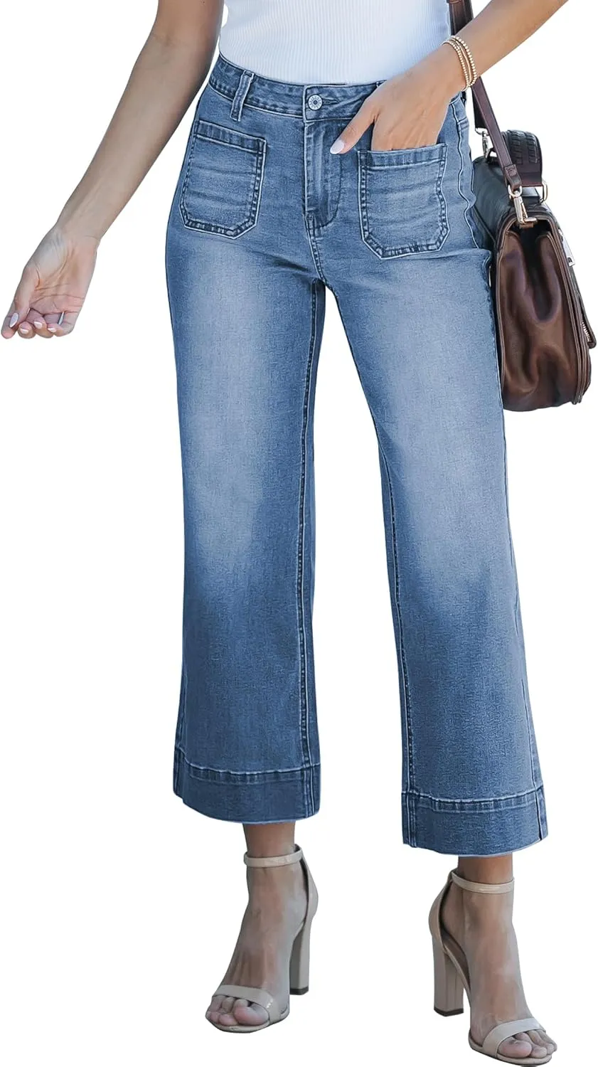 luvamia Wide Leg Jeans for Women Trendy High Waisted Flare Jeans Cropped Denim Pants Stretchy Baggy with Patch Pockets