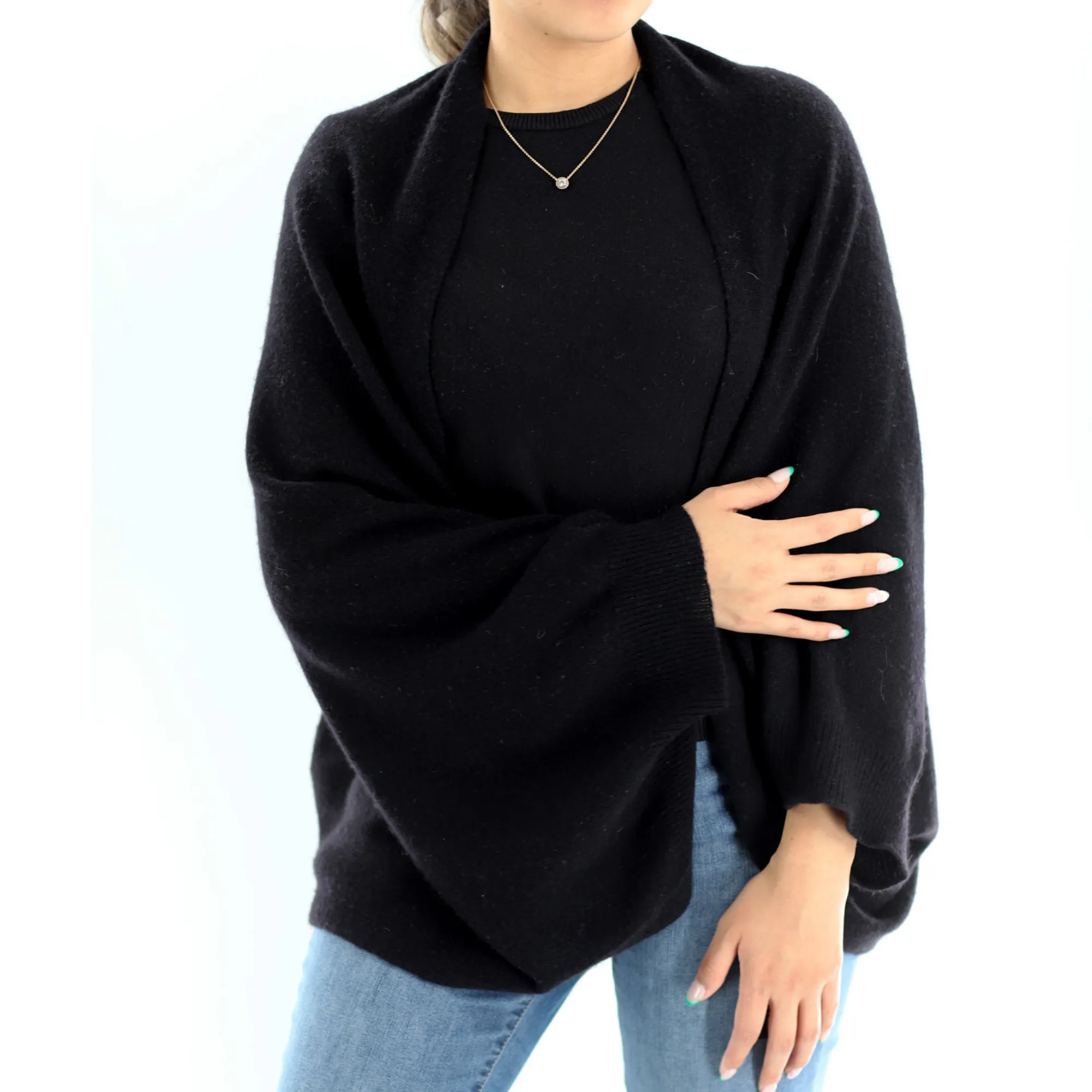 Luxe Soft Cashmere/Wool Blend Cocoon Shawl - Black - One Size