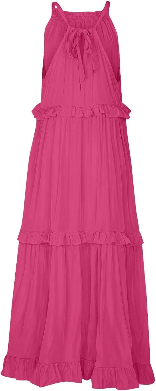Maxi Dresses for Women 2025 Vacation Swing Flowy Tiered Dress Pretty Garden Halter Neck Long Smocked Ruffle Dresses