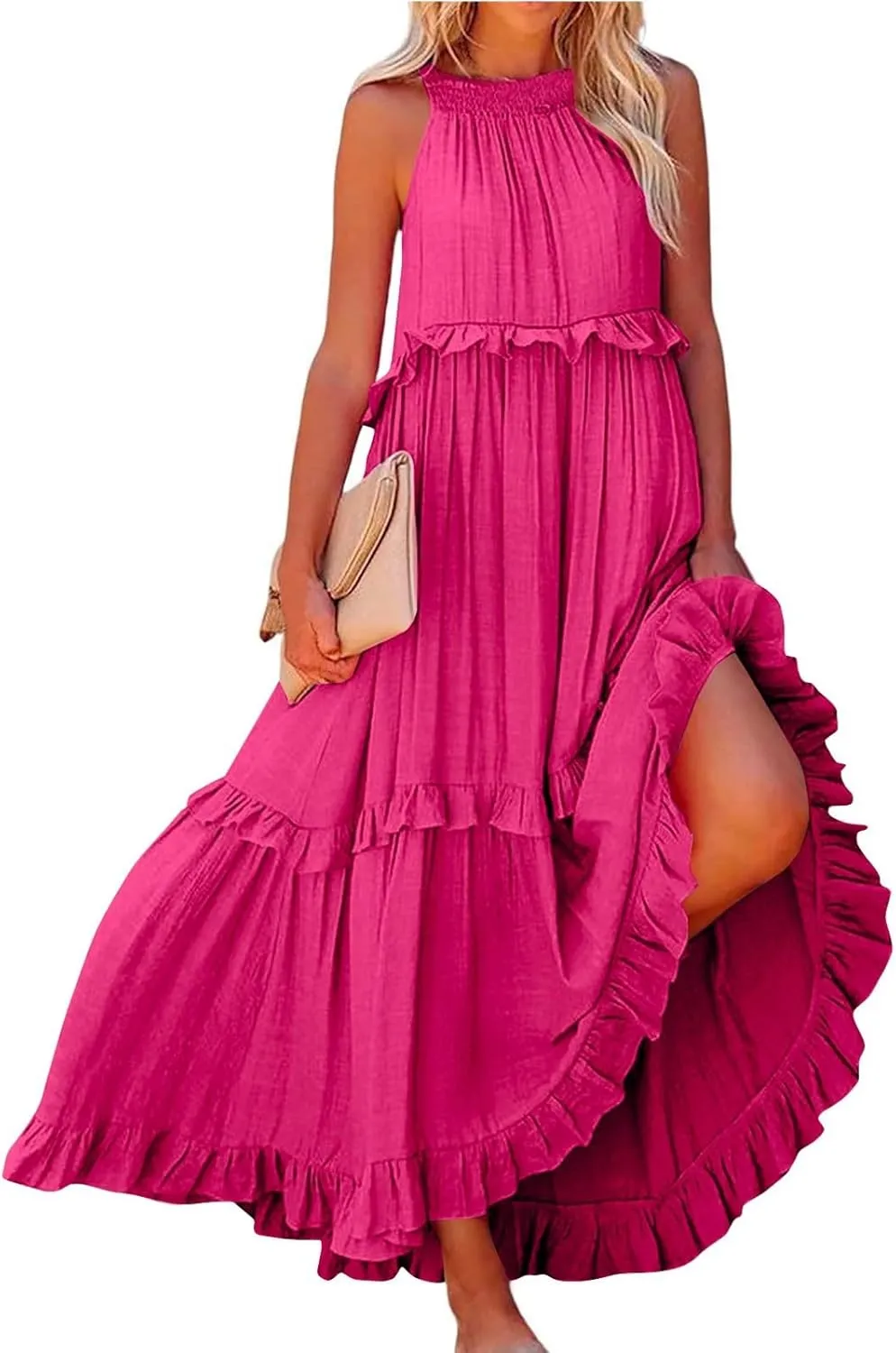 Maxi Dresses for Women 2025 Vacation Swing Flowy Tiered Dress Pretty Garden Halter Neck Long Smocked Ruffle Dresses