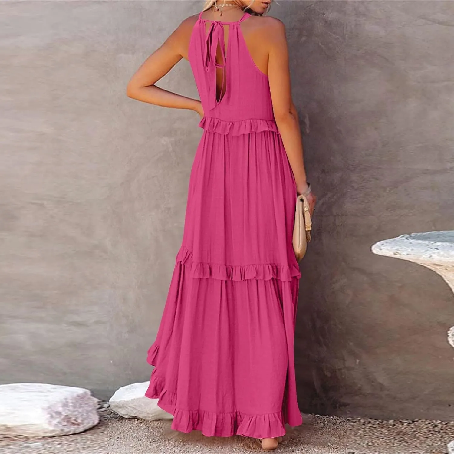 Maxi Dresses for Women 2025 Vacation Swing Flowy Tiered Dress Pretty Garden Halter Neck Long Smocked Ruffle Dresses