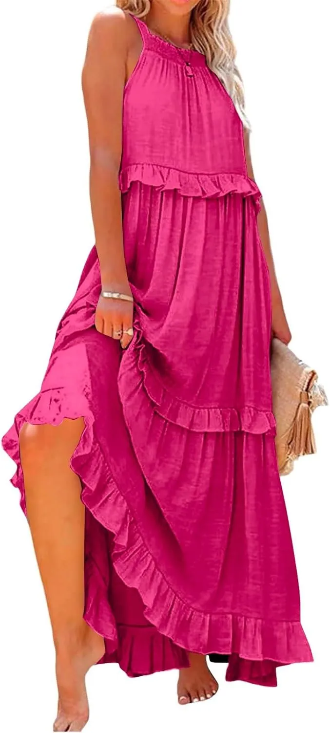 Maxi Dresses for Women 2025 Vacation Swing Flowy Tiered Dress Pretty Garden Halter Neck Long Smocked Ruffle Dresses