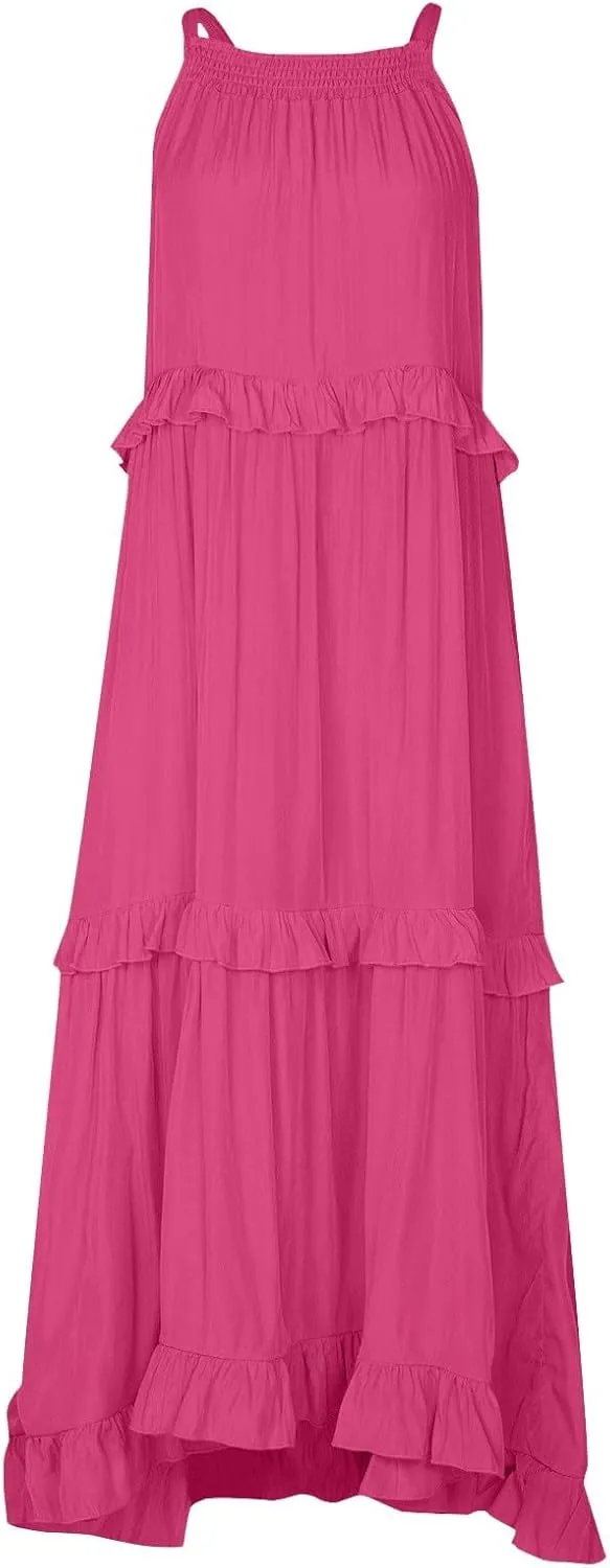 Maxi Dresses for Women 2025 Vacation Swing Flowy Tiered Dress Pretty Garden Halter Neck Long Smocked Ruffle Dresses