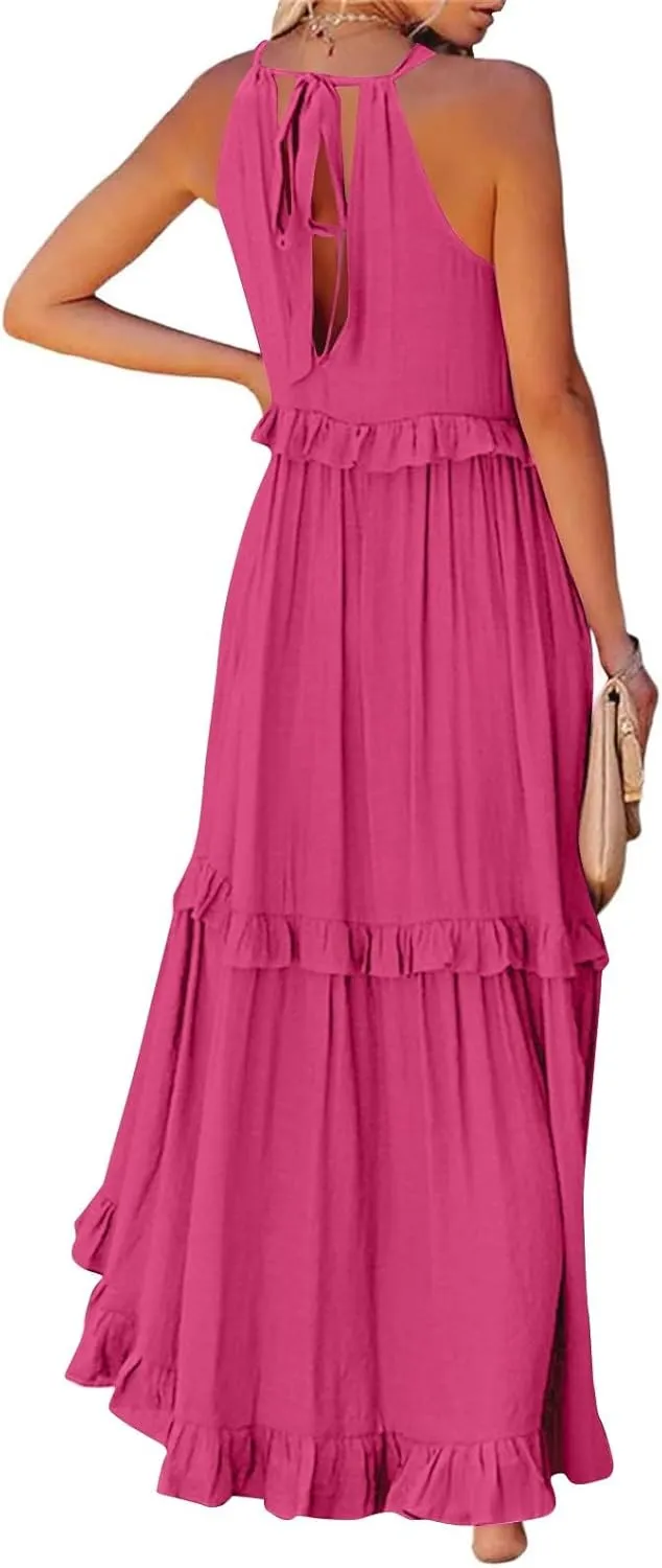 Maxi Dresses for Women 2025 Vacation Swing Flowy Tiered Dress Pretty Garden Halter Neck Long Smocked Ruffle Dresses