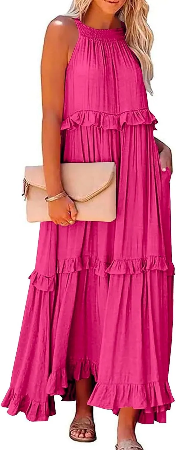 Maxi Dresses for Women 2025 Vacation Swing Flowy Tiered Dress Pretty Garden Halter Neck Long Smocked Ruffle Dresses
