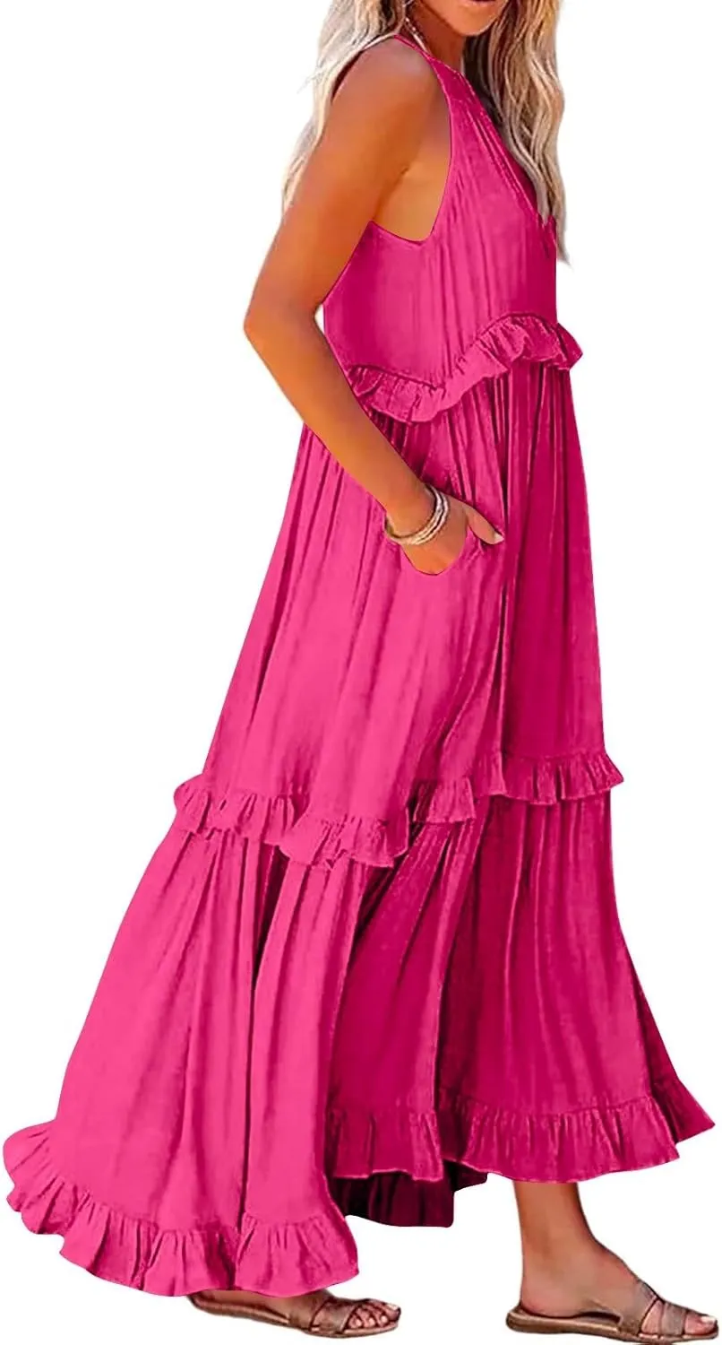 Maxi Dresses for Women 2025 Vacation Swing Flowy Tiered Dress Pretty Garden Halter Neck Long Smocked Ruffle Dresses