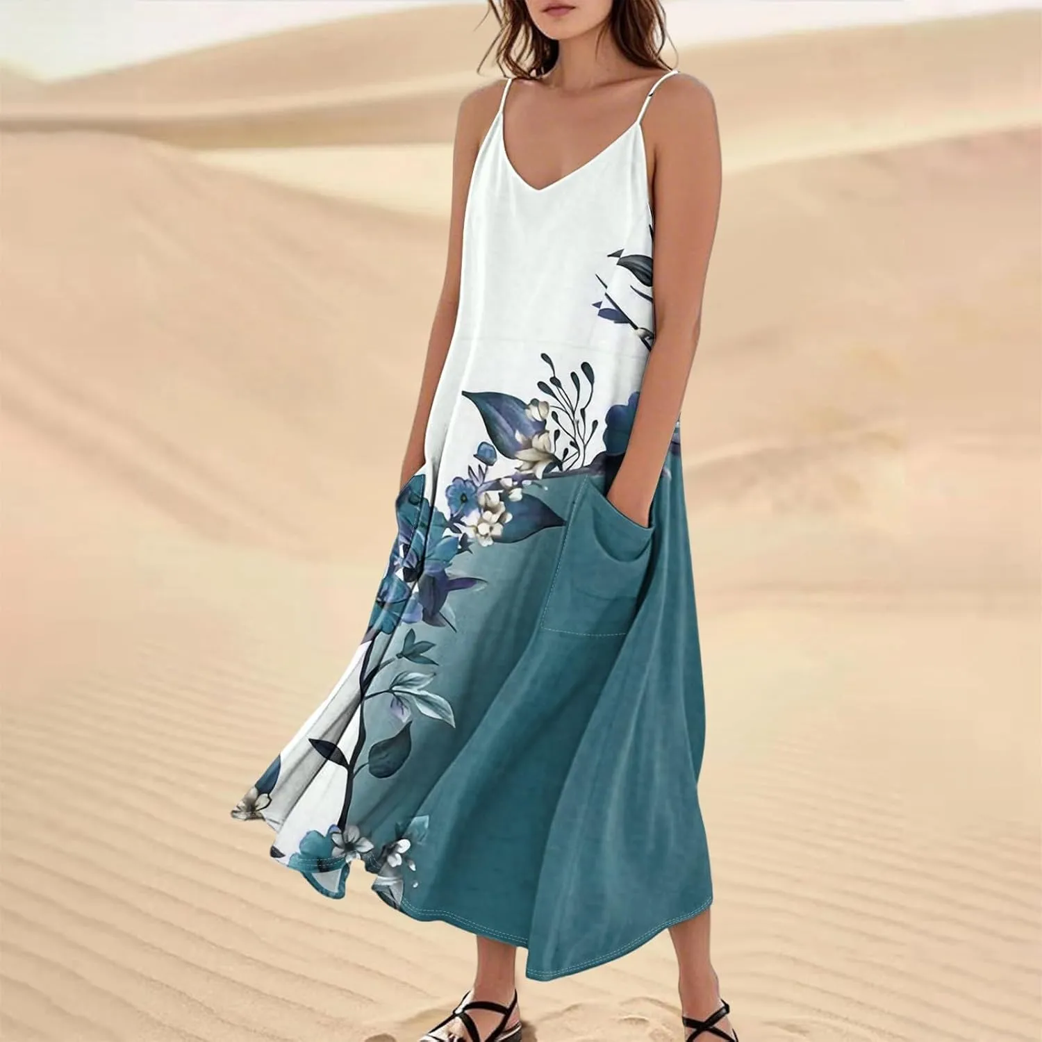 Maxi Dresses for Women Summer Sleeveless Beach Vacation Dress Casual O Neck Tank Dress Loose Sundress with Pockets