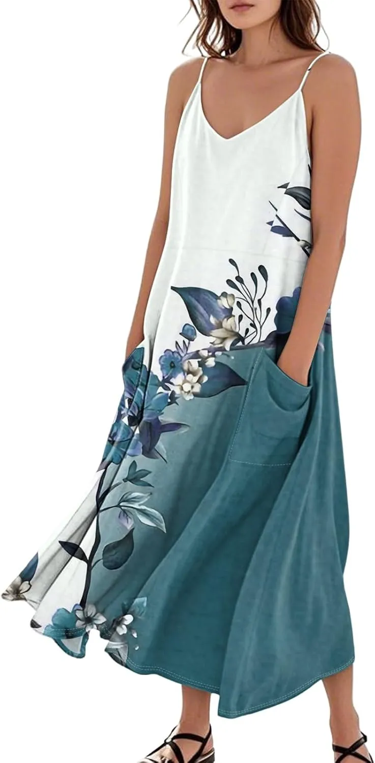 Maxi Dresses for Women Summer Sleeveless Beach Vacation Dress Casual O Neck Tank Dress Loose Sundress with Pockets