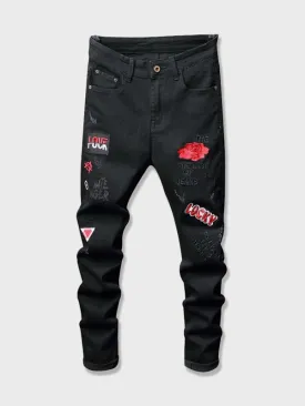 Men Letter Embroidery Ripped Jeans
