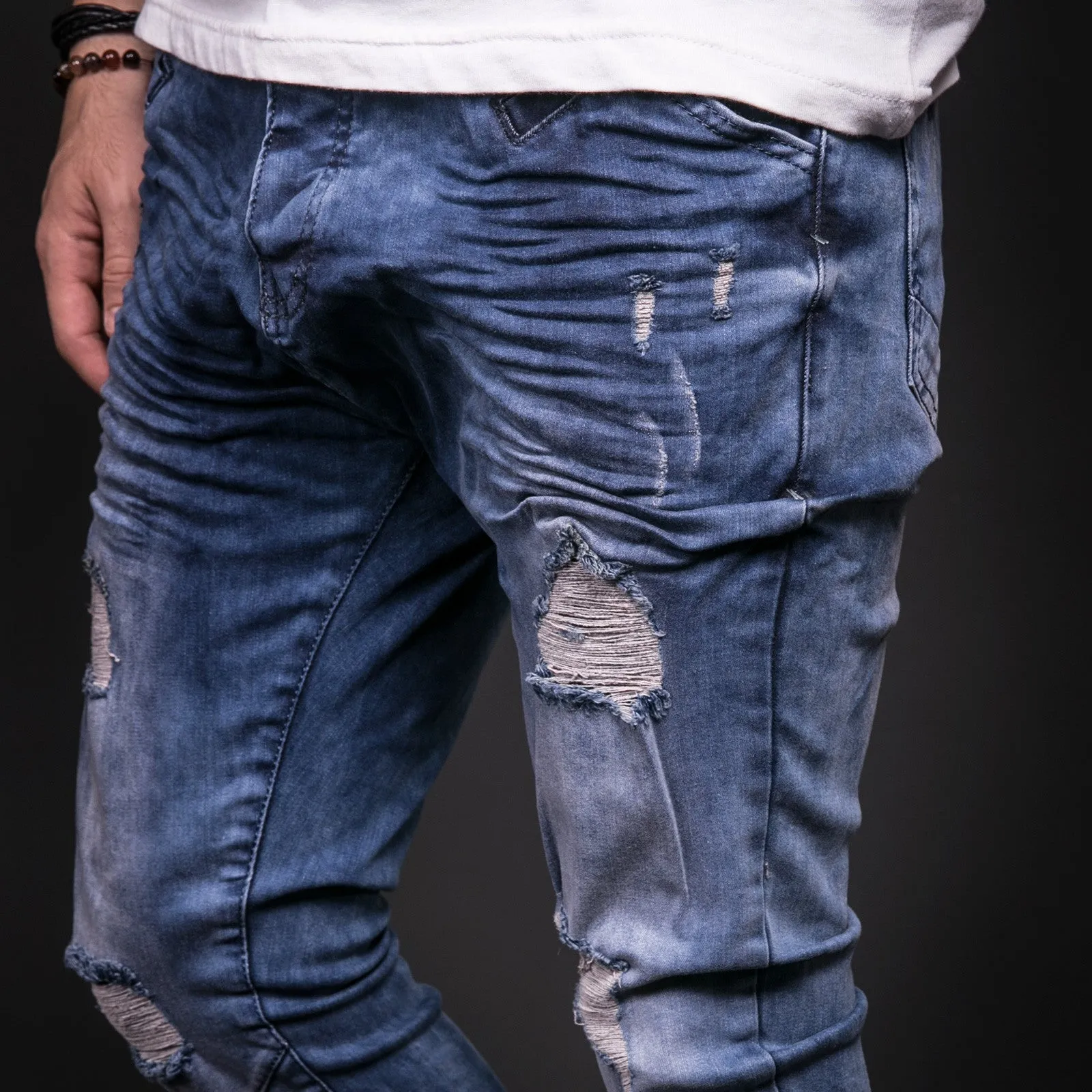 Men Skinny Fit Wrinkled Ripped Distressed Jeans - Blue
