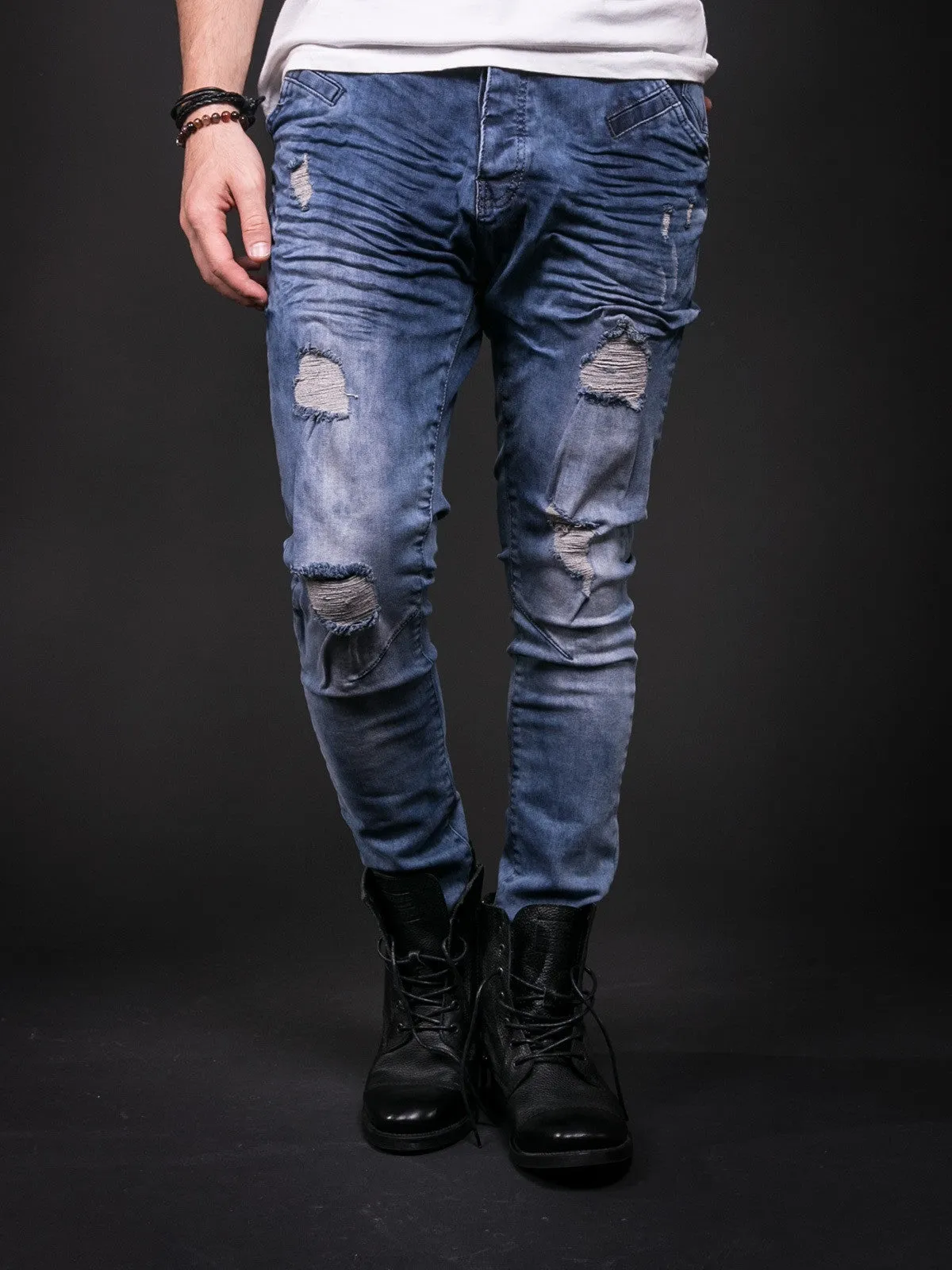 Men Skinny Fit Wrinkled Ripped Distressed Jeans - Blue